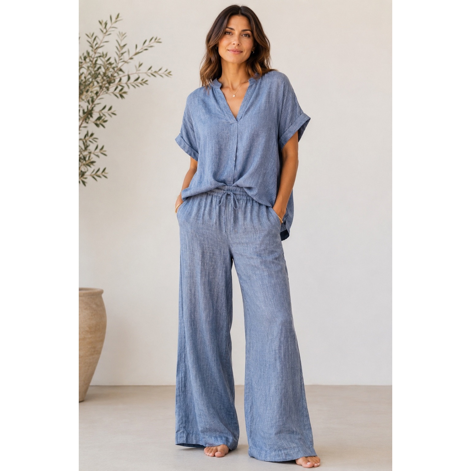 Haven Well Within 100% Linen 2 Piece Set Blue Mixed Size Xxl Top & Xl Pants